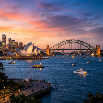Sydney Opera House and Harbour Bridge at sunset