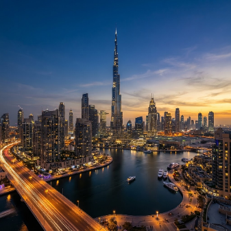 Burj Khalifa and the Dubai skyline at dusk