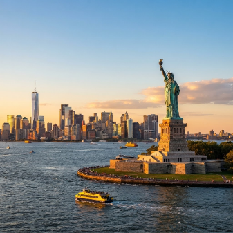 Statue of Liberty with the Manhattan skyline behind it